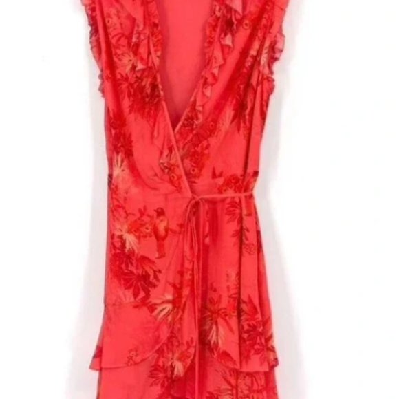 All Saints Ari Floral Print Wrap Dress in Orange Size 8 Viscose Birds Ruffles - Picture 3 of 9